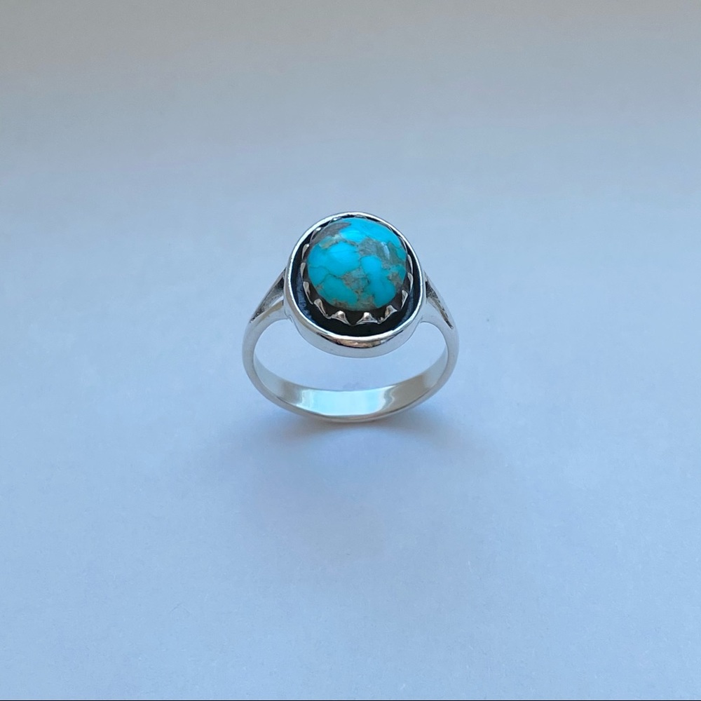 Sterling Silver Round Genuine Turquoise Ring, Stone Ring, Silver Ring, Boho Ring - Picture 6 of 13